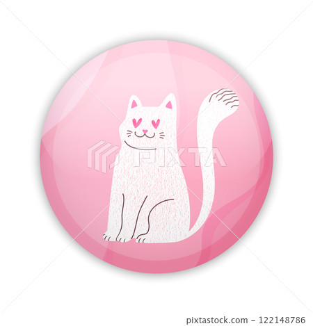 Glossy badge button with cute white cat in love. Round plastic pin. Vector illustration Glossy badge button with cute white cat in love. Round plastic pin. Vector illustration 122148786