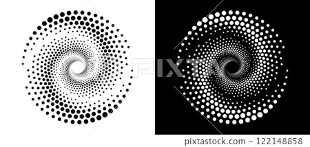Modern abstract background. Halftone dots in circle form. Spiral logo, icon or design element. Black dots on a white background and white dots on the black side. Modern abstract background. Halftone dots in circle form. Spiral logo, icon or design element. Black dots on a white background and white dots on the black side. 122148858
