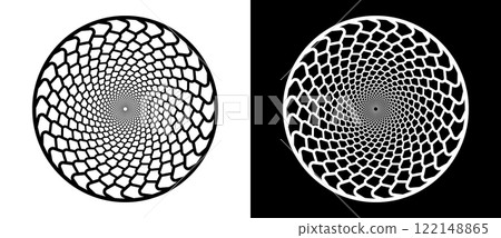 Modern abstract background. Round logo. Design element or icon. Black shape on a white background and the same white shape on the black side. 122148865
