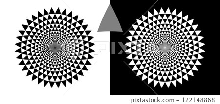 Modern abstract background with halftone triangles in circle form. Round logo. Black shape on a white background and the same white shape on the black side. 122148868