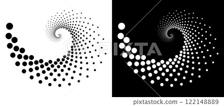 Modern abstract background. Halftone dots in spiral. Round logo. Vector dotted frame. Design element or icon. Black shape on a white background and the same white shape on the black side. 122148889