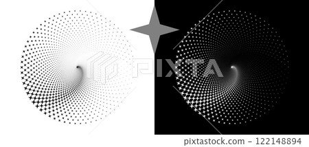 Abstract background with stars in circle. Art design spiral as logo or icon. A black figure on a white background and an equally white figure on the black side. Abstract background with stars in circle. Art design spiral as logo or icon. A black figure on a white background and an equally white figure on the black side. 122148894