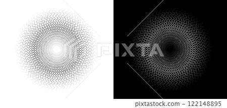 Modern abstract background. Halftone dots in circle form. Sun concept. Vector dotted frame. Design element or icon. Black shape on a white background and the same white shape on the black side. Modern abstract background. Halftone dots in circle form. Sun concept. Vector dotted frame. Design element or icon. Black shape on a white background and the same white shape on the black side. 122148895