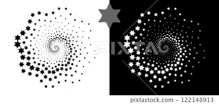 Abstract background with stars in circle. Art design spiral as logo or icon. A black figure on a white background and an equally white figure on the black side. Abstract background with stars in circle. Art design spiral as logo or icon. A black figure on a white background and an equally white figure on the black side. 122148913