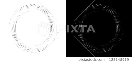 Modern abstract background. Halftone dots in circle form. Spiral logo, icon or design element. Black dots on a white background and white dots on the black side. 122148919