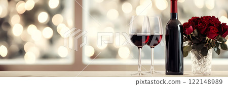 Valentines banner, bokeh background, bottle of red wine, wine glass, bouquet of red roses, empty space. Template for Valentine's Day menu advertisements, anniversaries, celebrations, mock up. 122148989