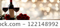 Valentines banner, bokeh background, bottle of red wine, wine glass, bouquet of red roses, empty space. Template for Valentine's Day menu advertisements, anniversaries, celebrations, mock up. 122148992