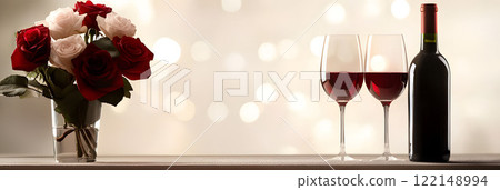 Valentines banner, bokeh background, bottle of red wine, wine glass, bouquet of red roses, empty space. Template for Valentine's Day menu advertisements, anniversaries, celebrations, mock up. 122148994