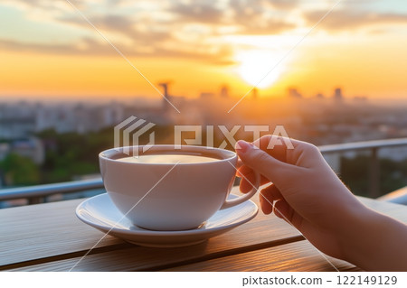 Hand Holding Tea Cup On City Balcony During Sunrise. Steam Rising From Warm Beverage. Golden Light Illuminates Urban Skyline With Calm Atmosphere. AI generated 122149129