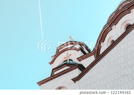 Belgrade, Serbia- 10162024: The Temple Of Saint Sava indoor interior, people pray in an Orthodox church, frescoes on the ceilings and walls of the church Belgrade, Serbia- 10162024: The Temple Of Saint Sava indoor interior, people pray in an Orthodox church, frescoes on the ceilings and walls of the church 122149162