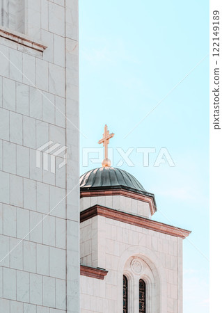 Belgrade, Serbia- 10162024: The Temple Of Saint Sava indoor interior, people pray in an Orthodox church, frescoes on the ceilings and walls of the church 122149189