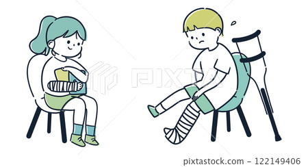 Simple and cute illustrations of children with broken bones and wearing casts Simple and cute illustrations of children with broken bones and wearing casts 122149406