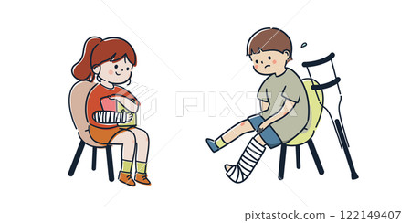 Simple and cute illustrations of children with broken bones and wearing casts 122149407