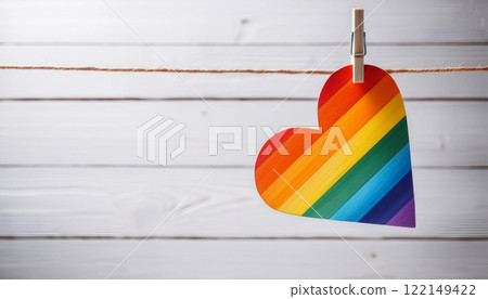 Rainbow Heart Hanging on Twine with Clothespin Against White Wooden Background 122149422