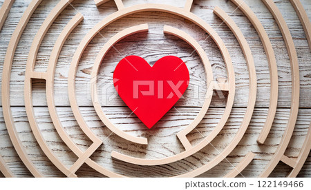 Red Heart at the Center of Wooden Maze Symbolizing Love and Relationships Red Heart at the Center of Wooden Maze Symbolizing Love and Relationships 122149466