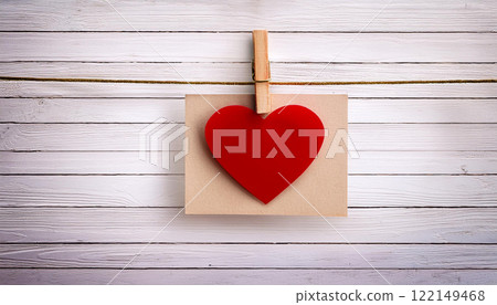Red Heart and Brown Card Hanging on Rope with Clothespin and Wooden Wall Red Heart and Brown Card Hanging on Rope with Clothespin and Wooden Wall 122149468