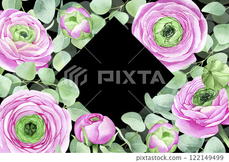 Watercolor ranunculus and eucalyptus frame. Flowers and greenery hand drawn illustration. Botanical composition. Floral template for cards, invitations, banners, packaging. Watercolor ranunculus and eucalyptus frame. Flowers and greenery hand drawn illustration. Botanical composition. Floral template for cards, invitations, banners, packaging. 122149499