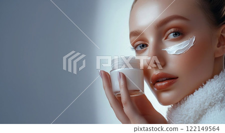 Skin care concept beauty photo of gorgeous woman holding face cream jar.Macro.AI Generative. 122149564