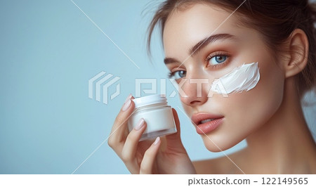 Skin care concept beauty photo of gorgeous woman holding face cream jar.Macro.AI Generative. 122149565