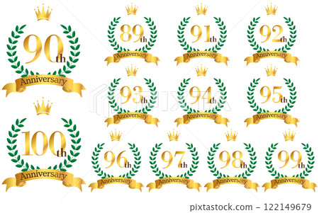 89th to 100th Anniversary Illustrations: Laurel leaves, crown and ribbon mark icon set 122149679