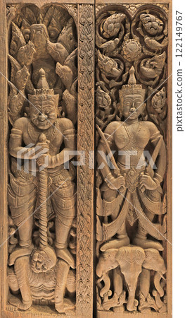 Wooden Door featuring engraved gatekeepers, Ayutthaya, 18th Century, Bangkok, Thailand 122149767