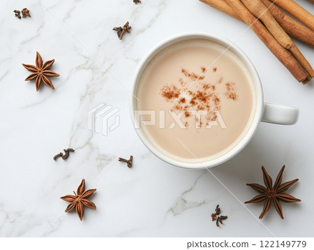 Cup of chai latte hot drink with cinnamon on light background.Top view.AI Generative. 122149779