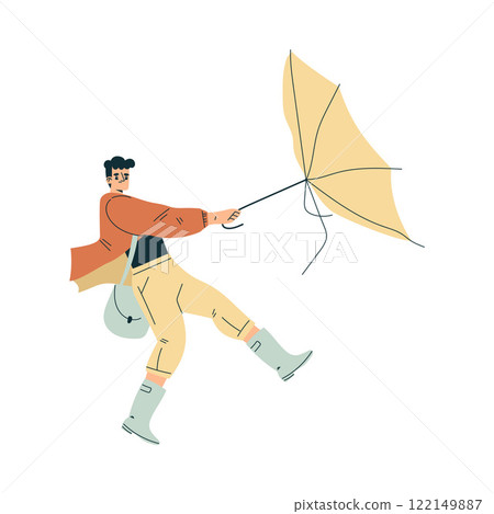 Storm with Man Character Struggle with Umbrella in Hurricane Vector Illustration 122149887