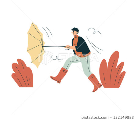 Storm with Man Character Struggle with Umbrella in Hurricane Vector Illustration 122149888