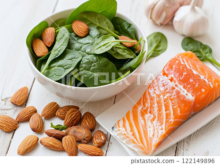 Well balanced diet with salmon and fresh spinach with raw almond nuts on light.Macro.AI Generative. 122149896