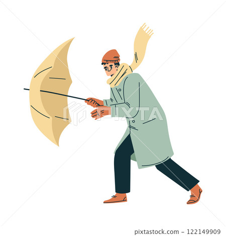 Storm with Man Character Struggle with Umbrella in Hurricane Vector Illustration 122149909