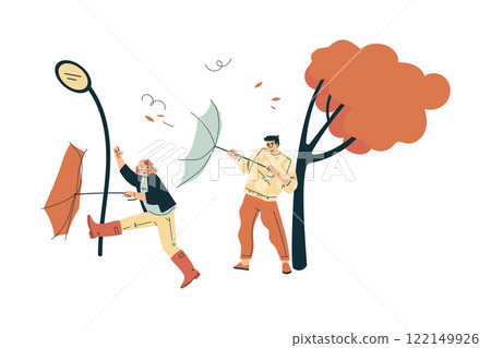 Storm with Man and Woman Character Struggle with Umbrella in Hurricane Vector Illustration 122149926