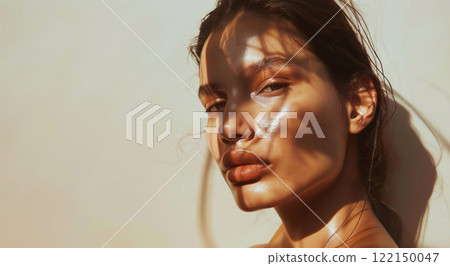 Minimalist beauty portrait of young beautiful fashion model with perfect skin.AI Generative. 122150047