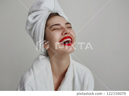 Beautiful happy woman in a bathrobe and a towel on her head laughing.Macro.AI Generative. 122150070