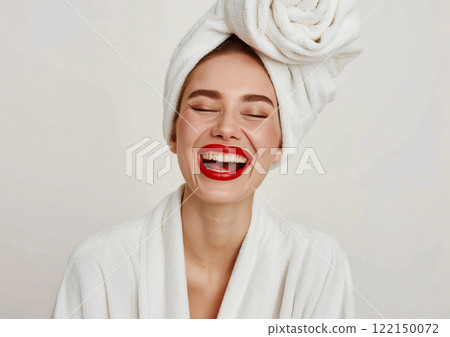 Beautiful happy woman in a bathrobe and a towel on her head laughing.Macro.AI Generative. 122150072