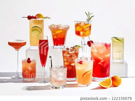 Assorted exotic an tropical red and orange alcohol cocktails.Macro.AI Generative. 122150079