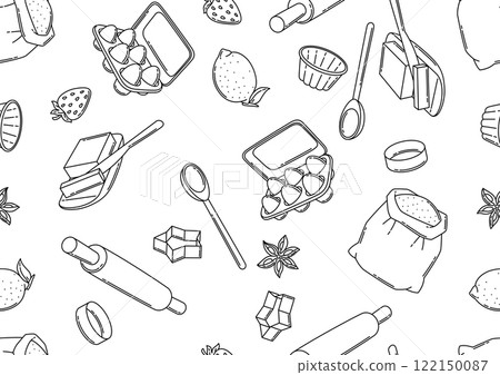 Pattern with bakery utensils. Cooking tools for home and recipe items. 122150087