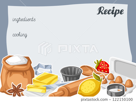 Background with bakery utensils. Cooking tools for home and recipe items. 122150100