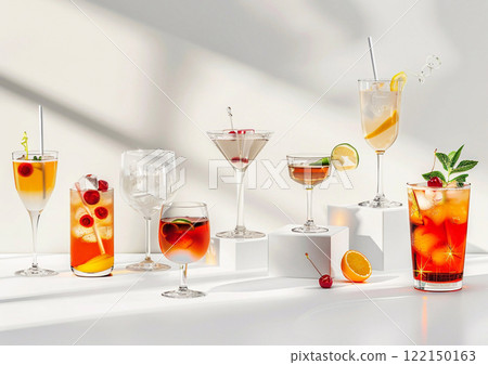 Assorted exotic an tropical red and orange alcohol cocktails.Macro.AI Generative. 122150163