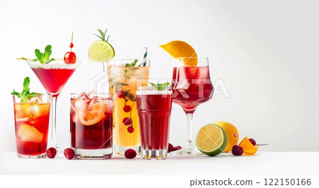 Variety of cocktails in various glasses with exoric and tropical cocktails.Macro.AI Generative. 122150166