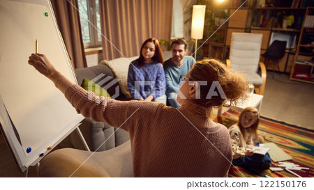 Psychologist uses whiteboard to explain concepts to family during counseling session. in warm and inviting room. Working on communication issues between parents and child 122150176