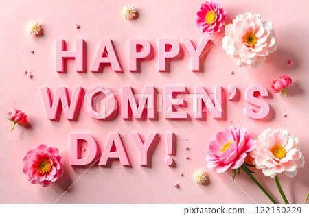 Volumetric inscription Happy International Women's Day surrounded by delicate flowers. Poster, banner 122150229