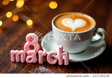 8 March word made of pink marshmallows and cup of coffee with foam in shape of heart. International Women's Day. Pastry shops, coffee houses, restaurants 122150230