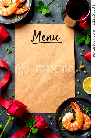 Inscription Menu for cafes, dining rooms, restaurants. for Valentine's Day or romantic date. with glass of wine, shrimp with lemon and red rose on blank sheet of brown paper on dark background 122150231