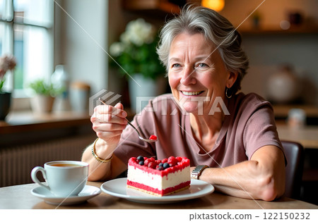 Vivacious adult woman with gray hair celebrates alone in coffee shop and enjoys life and heart-shaped berry pie. Valentine's Day, Women's Day, Birthday 122150232