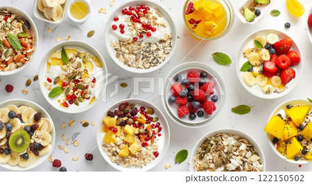 Kitchen table with bowl plate for breakfast with smoothie and granola.Macro.AI Generative. 122150502