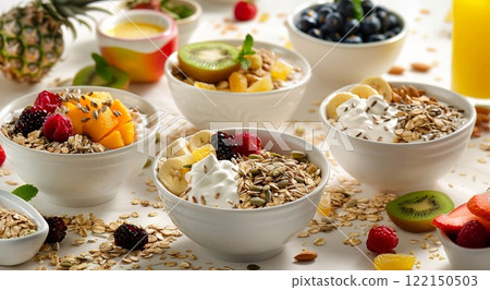 Kitchen table with bowl plate for breakfast with smoothie and granola.Macro.AI Generative. Kitchen table with bowl plate for breakfast with smoothie and granola.Macro.AI Generative. 122150503