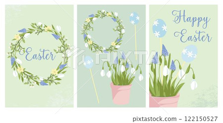 easter greeting cards,flower wreath of blossoming tree branches, grape hyacinth and snowdrop, elements for creating easter postcards, posters and background easter greeting cards,flower wreath of blossoming tree branches, grape hyacinth and snowdrop, elements for creating easter postcards, posters and background 122150527
