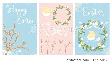 Easter greeting cards, flower wreath of blossoming tree branches, grape hyacinth, snowdrop. Willow branches, chick hatching from egg, elements for creating easter  postcards, posters, backgrounds 122150528