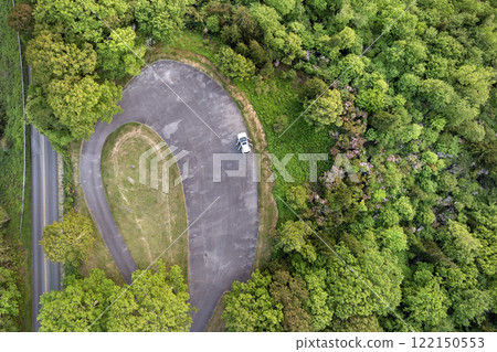 Blue Ridge Parkway road at Mount Mitchell Overlook in summer woods of Appalachian mountains. Road trip driving in wild nature in summertime season 122150553