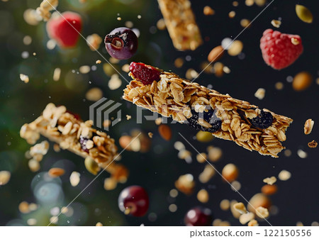 Healthy homemade cereal granola muesli bar with fruit and berries.Macro.AI Generative. 122150556
